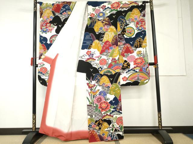 平和屋着物●手ざし京紅型染・宮崎紅型 宮崎良次 振袖 重ね山花鳥文 正絹 逸品 AABM5491cs