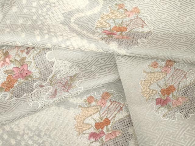 平和屋着物●中国三大刺繍 汕頭刺繍 スワトウ刺繍 訪問着 絞り 雪輪花文 金糸 正絹 逸品 AABM5531cs