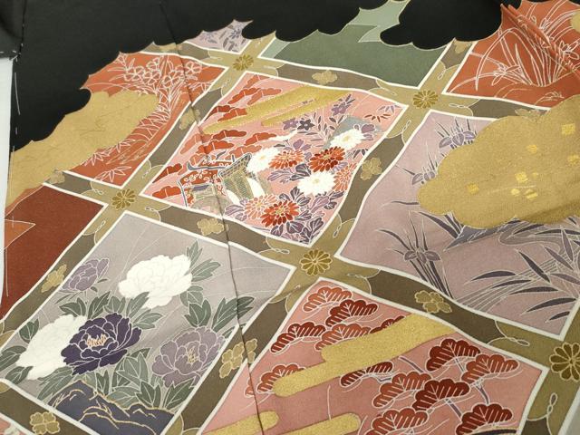 平和屋着物●豪華黒留袖 駒刺繍 格子草花文 金糸 金彩 浜ちりめん 仮絵羽 正絹 逸品 未使用 AABM5543cs