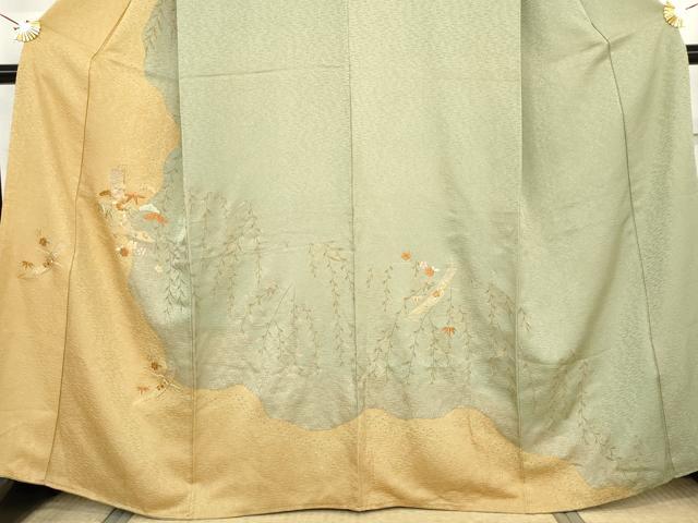 平和屋着物●中国三大刺繍 スワトウ刺繍 汕頭刺繍 訪問着 絞り 短冊花文 金糸 金彩 正絹 逸品 AABM5556cs