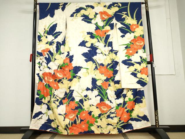 平和屋着物●豪華振袖 駒刺繍 草花文 金彩 正絹 逸品 AABM5557cs