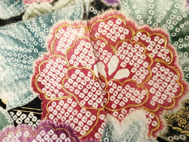 平和屋着物●訪問着 絞り 草花文 金彩 ロング丈 正絹 逸品 AABM5567cs