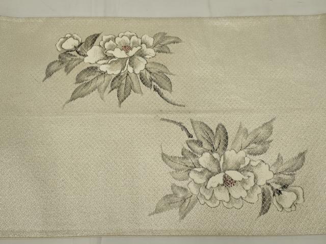平和屋着物◎太鼓柄袋帯 作家物 手描き 枝花文 銀糸 正絹 逸品 AABM5614ou