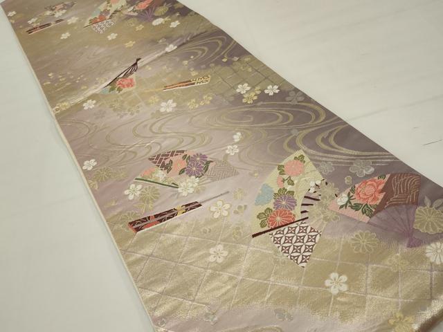 平和屋着物◎六通柄袋帯 唐織 扇面花文 金糸 正絹 逸品 AABM5616ou