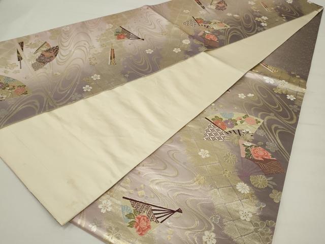 平和屋着物◎六通柄袋帯 唐織 扇面花文 金糸 正絹 逸品 AABM5616ou
