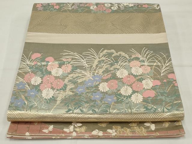 平和屋着物◎六通柄袋帯 唐織 横段花文 金糸 正絹 逸品 AABM5628ou