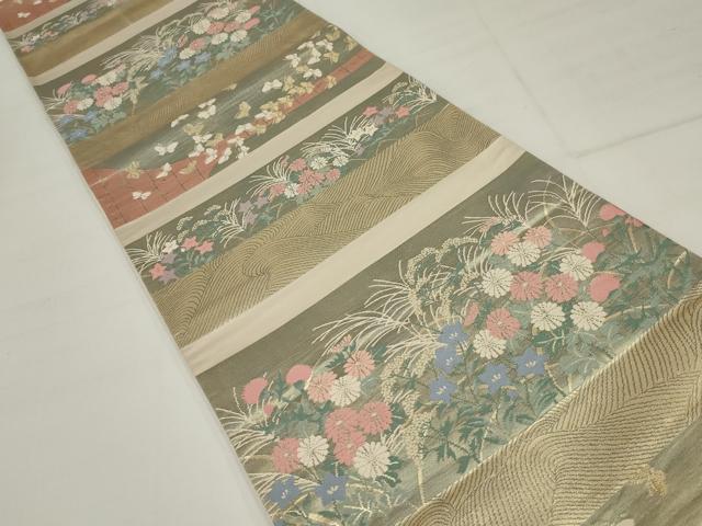 平和屋着物◎六通柄袋帯 唐織 横段花文 金糸 正絹 逸品 AABM5628ou