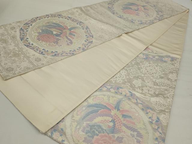 平和屋着物◎六通柄袋帯 唐織 鳳凰花絵皿文 銀糸 正絹 逸品 AABM5636ou