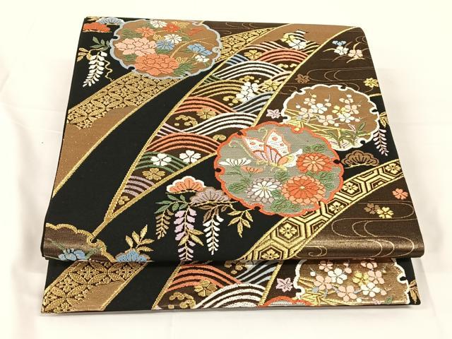 平和屋着物◎六通柄袋帯 唐織 雪輪花蝶文 黒地 金銀糸 正絹 逸品 AABM5642dk