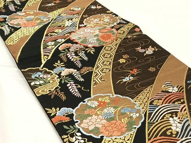 平和屋着物◎六通柄袋帯 唐織 雪輪花蝶文 黒地 金銀糸 正絹 逸品 AABM5642dk