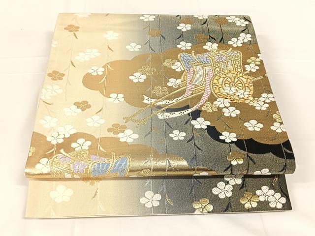平和屋着物◎六通柄袋帯 唐織 御所車花文 金糸 正絹 逸品 AABM5671dk
