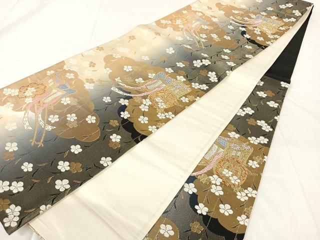 平和屋着物◎六通柄袋帯 唐織 御所車花文 金糸 正絹 逸品 AABM5671dk