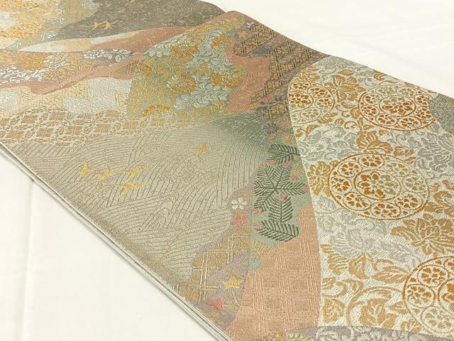 平和屋着物◎六通柄袋帯 流水遠山割付文 金銀糸 正絹 逸品 AABM5672dk
