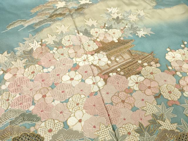 平和屋着物●中国三大刺繍 汕頭刺繍 スワトウ刺繍 総刺繍 訪問着 風景花文 暈し染め 金糸 正絹 逸品 AABM5681ck