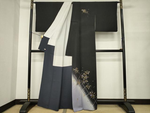 平和屋着物●訪問着 南天文 暈し染め 黒地 金彩 さが美扱い 正絹 逸品 AABM5707ck