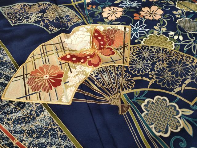 平和屋着物●世界的ファッションデザイナー 山本寛斎 kansaiブランド 振袖 駒刺繍 扇面花蝶文 金彩 正絹 逸品 AABM5720ck