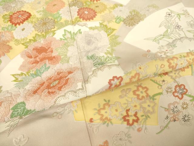 平和屋着物●中国三大刺繍 相良刺繍 総刺繍 訪問着 地紙花文 銀糸 正絹 逸品 AABM5730ck