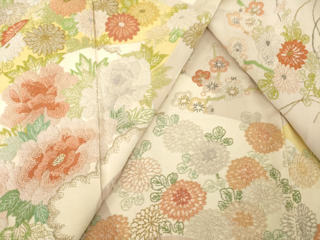 平和屋着物●中国三大刺繍 相良刺繍 総刺繍 訪問着 地紙花文 銀糸 正絹 逸品 AABM5730ck