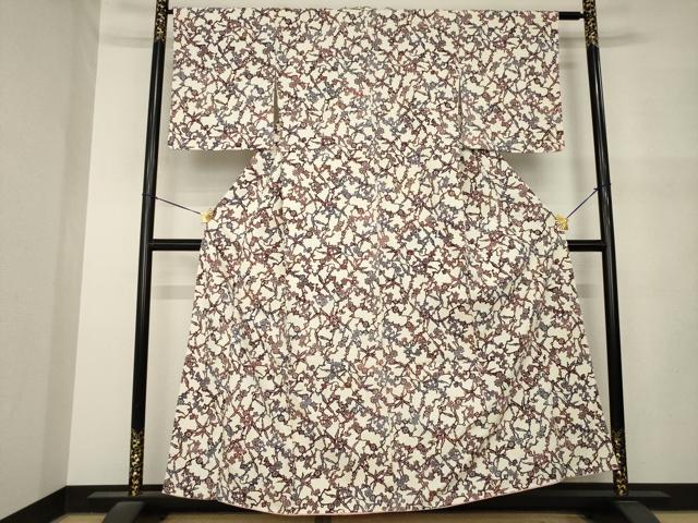 平和屋着物●上質な小紋 お召ちりめん 型染め 枝花文 正絹 逸品 AABM5740ck