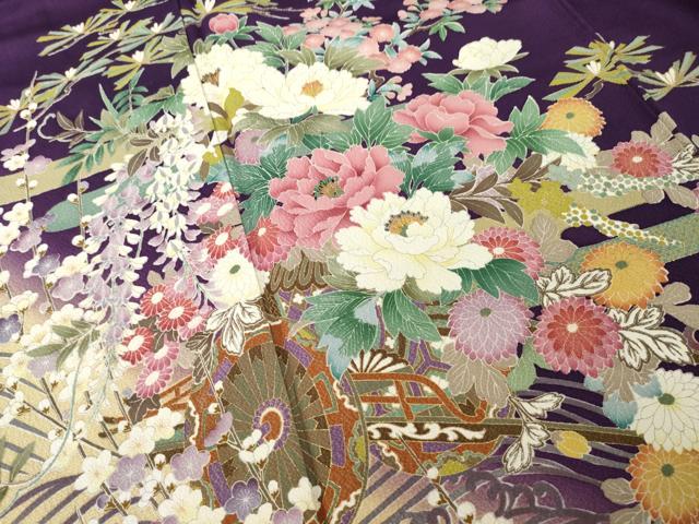 平和屋着物●豪華振袖 刺繍 花車文 暈し染め 金糸 金彩 正絹 逸品 AABM5741ck