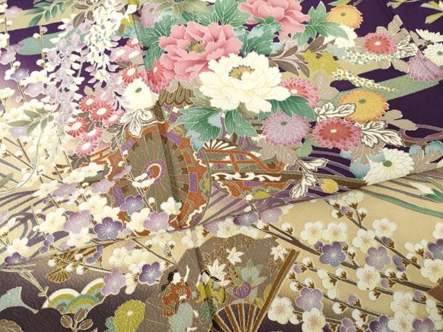 平和屋着物●豪華振袖 刺繍 花車文 暈し染め 金糸 金彩 正絹 逸品 AABM5741ck