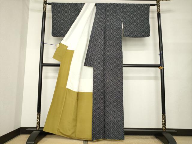 平和屋着物●上質な小紋 菱文 お召縮緬 黒地 正絹 逸品 AABM5744ck