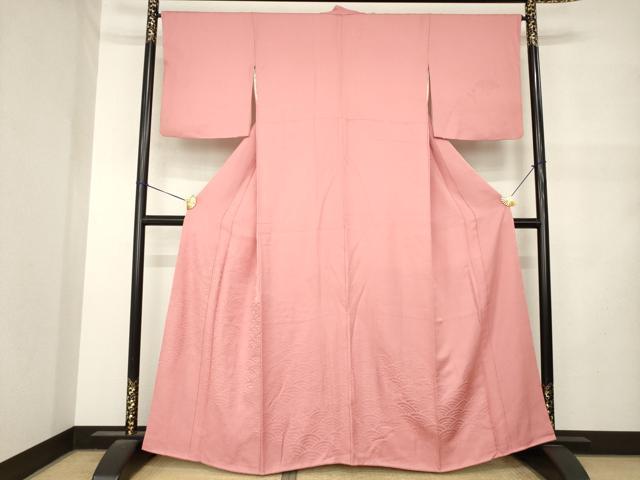 平和屋着物●無地絵羽訪問着 青海波花地紋 甚三紅色 正絹 逸品 AABM5772ck