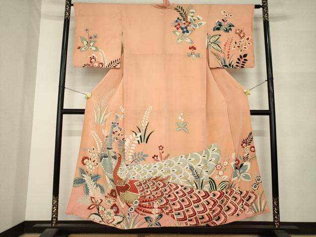 平和屋着物●アンティーク 大正ロマン 訪問着 孔雀花文 金彩 正絹 逸品 AABM5778ck
