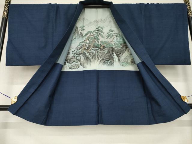 平和屋着物●男性 紬 アンサンブル 色無地 青褐色 正絹 逸品 AABM5780ck