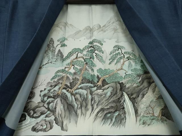 平和屋着物●男性 紬 アンサンブル 色無地 青褐色 正絹 逸品 AABM5780ck