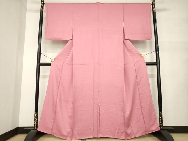 平和屋着物●上質な色無地 花丸地紋 紅花草木染 長春色 正絹 逸品 AABM5784ck