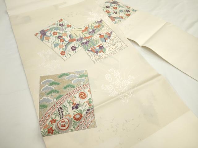 平和屋着物◎九寸名古屋帯 唐織 色紙重ね花鳥文 銀糸 正絹 逸品 未使用 AABM5842ma