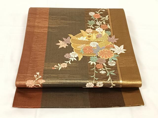 平和屋着物◎六通柄袋帯 唐織 糸巻花文 金糸 正絹 逸品 AABM6081dk
