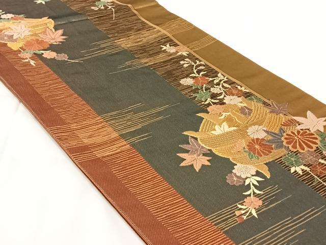 平和屋着物◎六通柄袋帯 唐織 糸巻花文 金糸 正絹 逸品 AABM6081dk