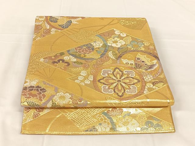 平和屋着物◎六通柄袋帯 宝永錦 花丸舞蝶文 金糸 正絹 逸品 AABM6082dk