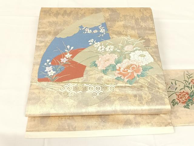 平和屋着物◎九寸名古屋帯 唐織 扇面花文 金糸 引箔 正絹 逸品 AABM6096dk