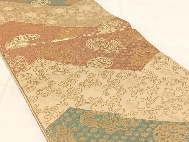 平和屋着物◎九寸開き名古屋帯 吉祥花文 金糸 正絹 逸品 AABM6106dk