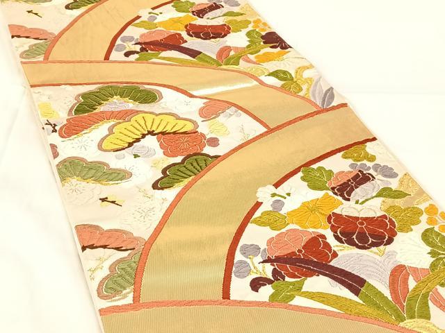 平和屋着物◎六通柄袋帯 唐織 梅松文 金糸 正絹 逸品 AABM6139dk