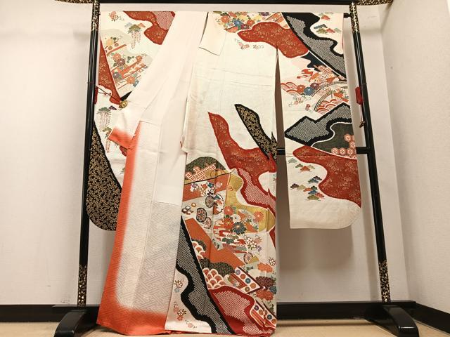 平和屋着物●豪華振袖 絞り 駒刺繍 几帳草花文 金彩 正絹 逸品 AABM6163ph