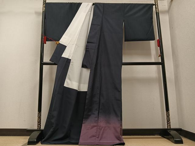 平和屋着物●染色作家 寺島利男 訪問着 紬地 風景シルエット 暈し染め ロング丈 正絹 逸品 AABM6166ph