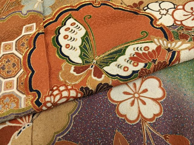 平和屋着物●豪華振袖 駒刺繍 雪輪花蝶文 暈し染め 金彩 丹後ちりめん 仮絵羽 逸品 未使用 AABM6205ph