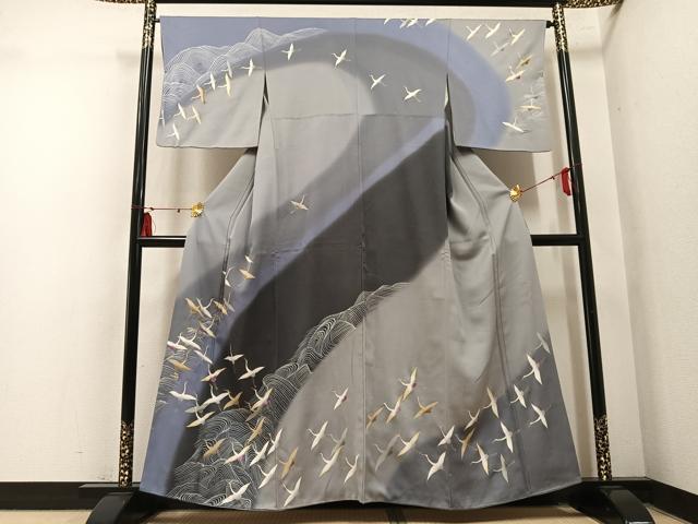 平和屋着物●西陣 京の名門 じゅらく謹製 帝王紫(古代帝王紫) 訪問着 駒刺繍 立波群れ鶴文 暈し染め 金彩 正絹 逸品 AABM6238ph