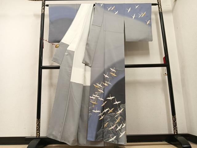 平和屋着物●西陣 京の名門 じゅらく謹製 帝王紫(古代帝王紫) 訪問着 駒刺繍 立波群れ鶴文 暈し染め 金彩 正絹 逸品 AABM6238ph