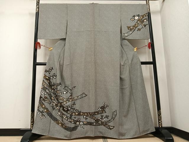 平和屋着物●訪問着 花唐草熨斗文 黒地 金彩 正絹 逸品 AABM6258ph