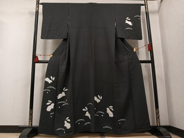 平和屋着物●訪問着 絞り 兎芝文 黒地 正絹 逸品 AABM6272ph