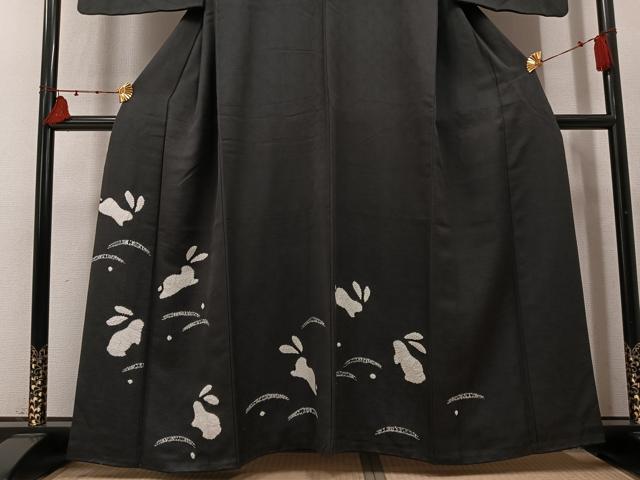 平和屋着物●訪問着 絞り 兎芝文 黒地 正絹 逸品 AABM6272ph