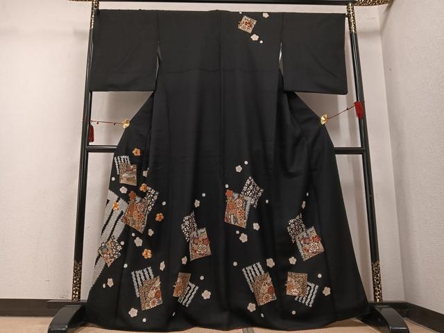 平和屋着物●訪問着 御所車源氏香花文 黒地 金彩 正絹 逸品 AABM6274ph