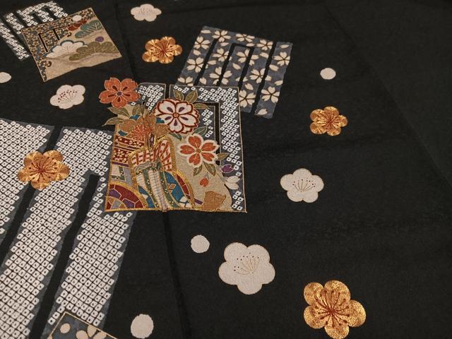 平和屋着物●訪問着 御所車源氏香花文 黒地 金彩 正絹 逸品 AABM6274ph