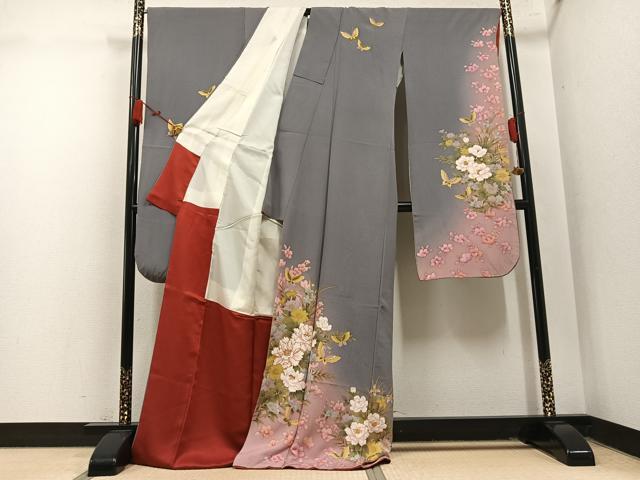 平和屋着物●豪華振袖 刺繍 花蝶文 暈し染め 金彩 ロング丈 正絹 逸品 AABM6294ph