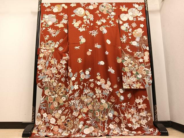 平和屋着物●豪華振袖 駒刺繍 草花文 金彩 ロング丈 正絹 逸品 AABM6296ph